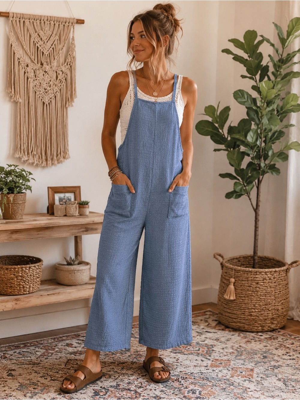 Elle Esteem Blue Textured Wide Leg Jumpsuit Jumper Size Small S Y2K Minimalist